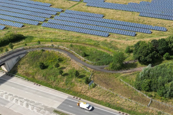 Solar farm next to motorway, UK