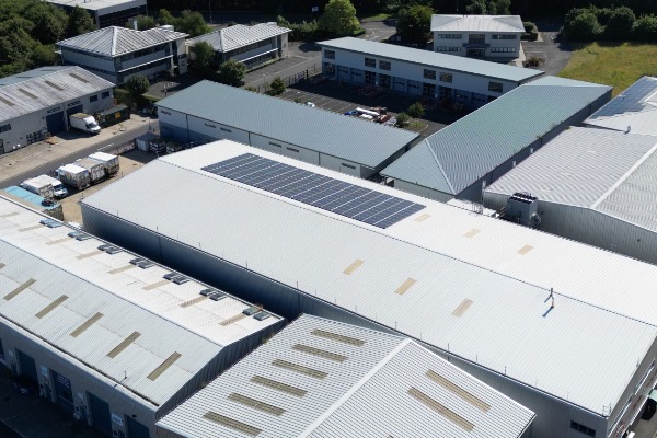 Warehouse on business park with PV system on roof