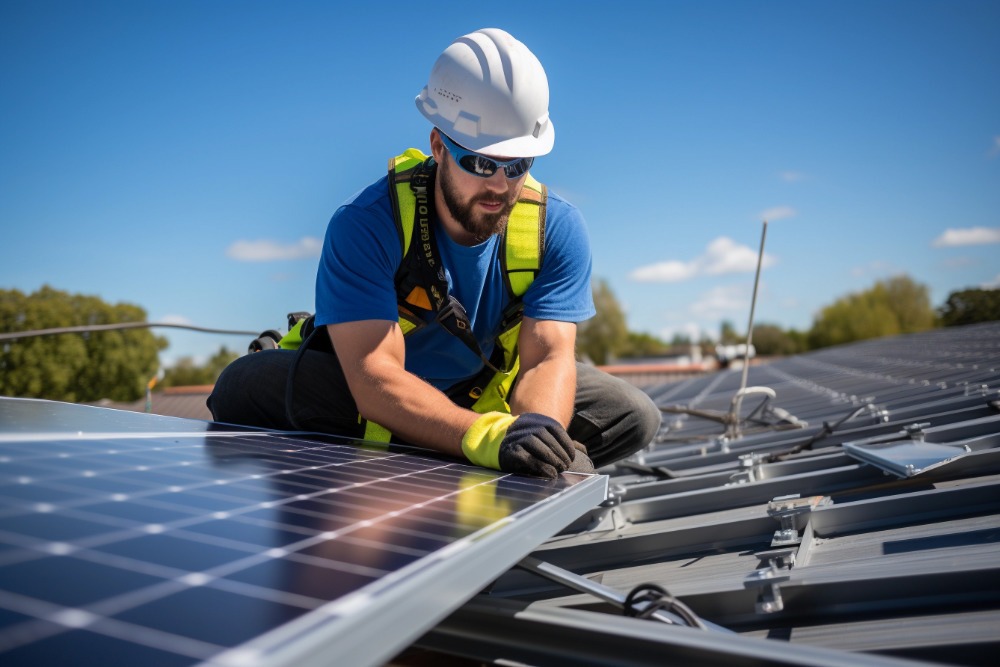 Man in PPE maintaining solar array on roof