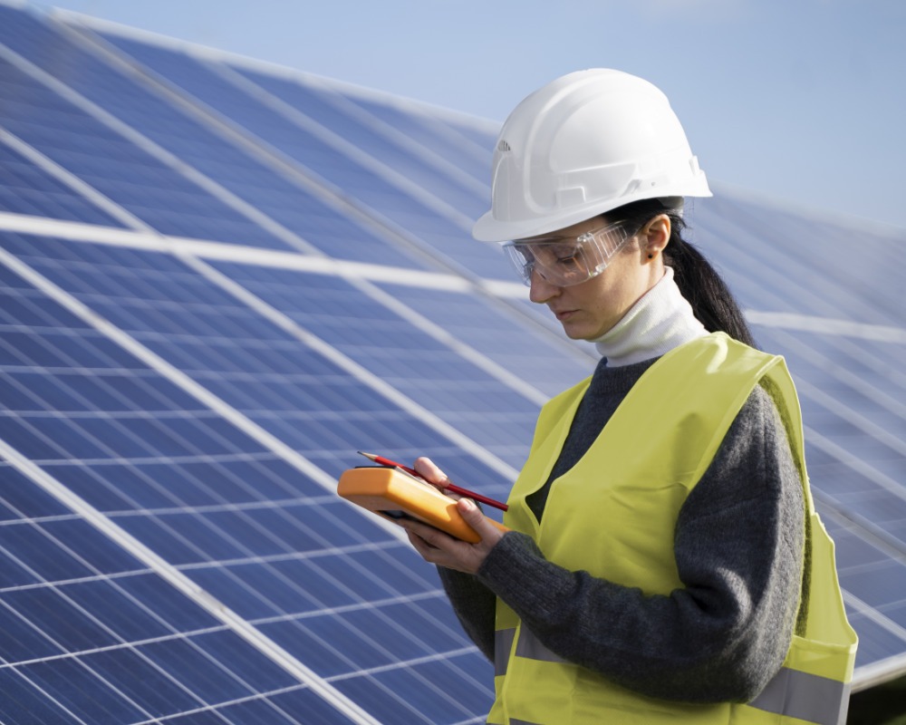 Woman with hand device inspecting solar array